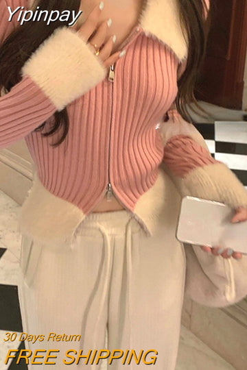 Yipinpay Winter Zipper Design Knitted Sweater Woman Casual Elegant Y2k Crop Tops Office Lady Slim Korean Style Pullover Female Chic